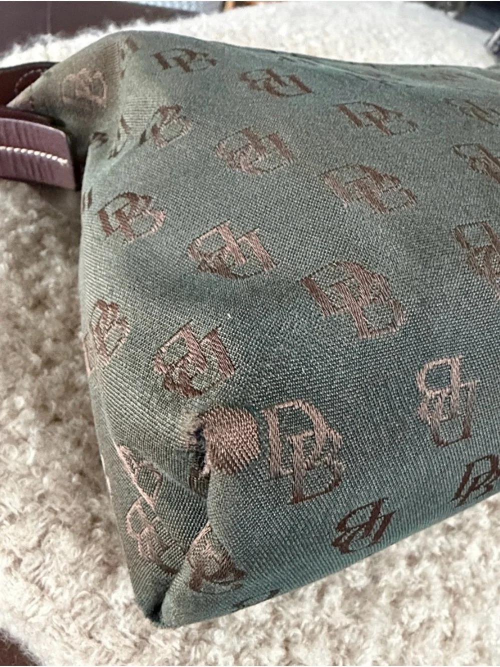 Vintage Dooney & Bourke Olive Monogram Hobo with Brown Leather Strap